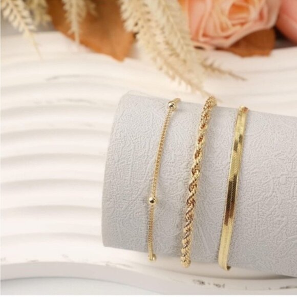 14k Gold Plated 3pc Snake & Beaded Bracelet Set - Picture 3 of 3